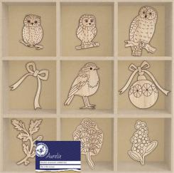 Aurelie Laser Cut Holzornamente Eule, Vogel, Winter 45 St. - Kasten 10,5 x 10,5 cm 