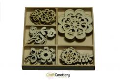 CraftEmotions Laser Cut Holzornament Folklore Blumen 25 St. - Kasten 10,5 x 10,5 cm 
