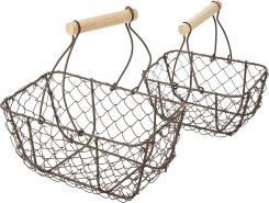 Deko-Metall-Korb mit Holzgriff, Vintage, 15x10x16,5cm + 20x12x22cm, Set 2Stück 