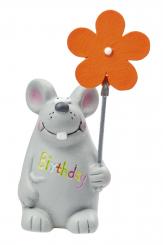 Dekofigur Maus mit Blumenclip "Birthday", 9 x 4 cm 