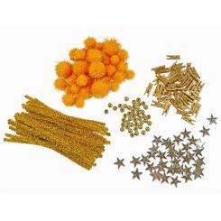 Glitzer-Deko-Set, Chenilledraht, PomPoms, Perlen, Klammern 200tlg- Gold 