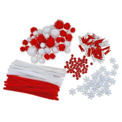 Glitzer-Deko-Set, Chenilledraht, PomPoms, Perlen, Klammern 200tlg- Rot-Weiß 