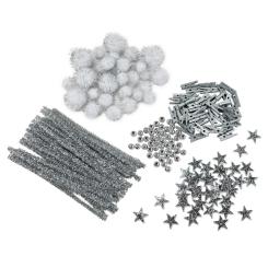 Glitzer-Deko-Set, Chenilledraht, PomPoms, Perlen, Klammern 200tlg- Silber 