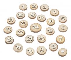 HobbyFun Adventskalenderzahlen 1-24 Holzscheiben mit Klebepunkt, Zahlen creme 