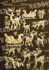 Reddycards DeLuxe Stanzbogen, Rentiere m. Schlitten, braun, gold laminiert 
