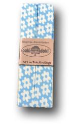 Schrägband / Einfassband Baumwolle gefalzt 3m x 20mm - Blumen Muster 3006-Hellblau-Weiß 3006-Hellblau-Weiß