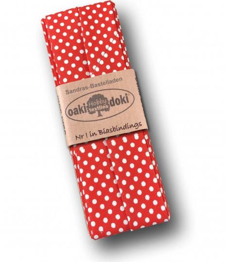 Schrägband / Einfassband Baumwolle gefalzt 3m x 20mm - Punkte Muster 1010-Rot-Weiß