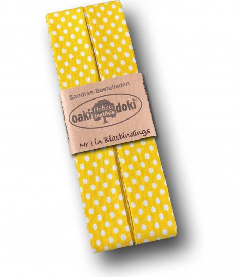 Schrägband / Einfassband Baumwolle gefalzt 3m x 20mm - Punkte Muster 1012-Gelb-Weiß