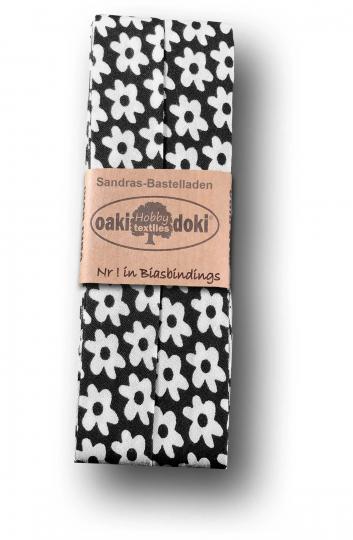 Schrägband / Einfassband Baumwolle gefalzt 3m x 20mm - Blumen Muster 3001-Schwarz-Weiß