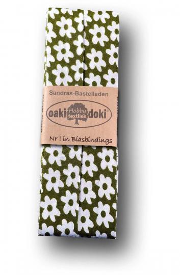 Schrägband / Einfassband Baumwolle gefalzt 3m x 20mm - Blumen Muster 3008-Grün-Weiß