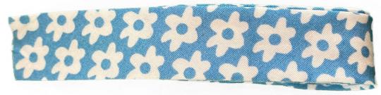 Schrägband / Einfassband Baumwolle mit Muster gefalzt 2m x 20mm 1909-Blüte Taubenblau-Weiß