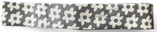 Schrägband / Einfassband Baumwolle mit Muster gefalzt 2m x 20mm 1907-Blüte Grau-Weiß