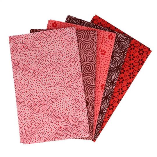 Baumwollstoff Webware mit Muster Tissu de Marie - 5 Stck a 50x57cm Romantic Rose (Rot, Rosa, Braun)
