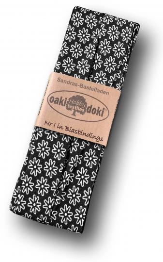 Schrägband / Einfassband Baumwolle gefalzt 3m x 20mm - Gänseblümchen Muster 4001-Schwarz-Weiß