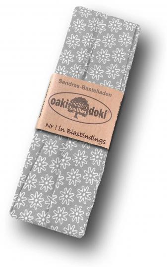 Schrägband / Einfassband Baumwolle gefalzt 3m x 20mm - Gänseblümchen Muster 4002-Grau-Weiß