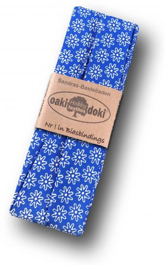 Schrägband / Einfassband Baumwolle gefalzt 3m x 20mm - Gänseblümchen Muster 4004-Blau-Weiß