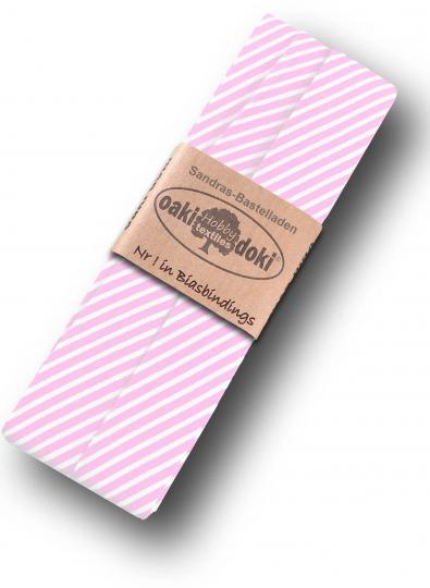 Schrägband / Einfassband Baumwolle gefalzt 3m x 20mm - Streifen Muster 6016-Rosa-Weiß