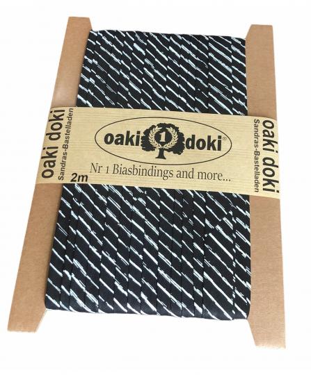 Schrägband / Einfassband Baumwolle mit Streifen Muster gefalzt 2m x 20mm 9010-Schwarz