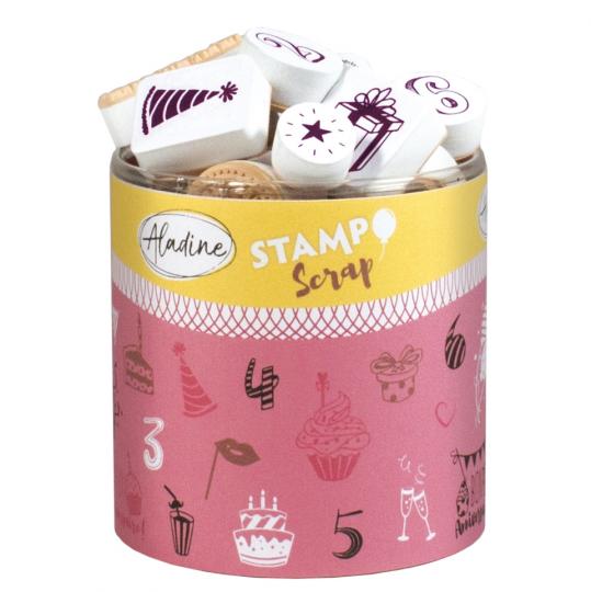 Aladine STAMPO Scrap, Gummi-Stempelset + Stempelkissen Geburtstag 35tlg. 