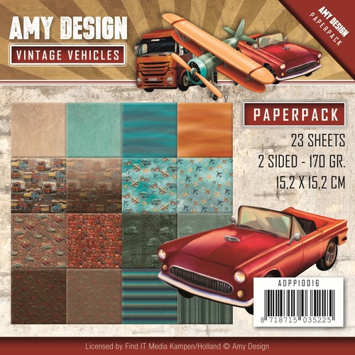Amy Design Paperpack Papier Set - 23 Blatt - 170g - Vintage Vehicles 