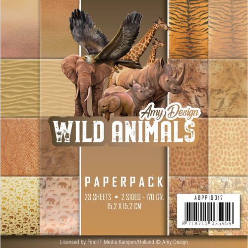 Amy Design Paperpack Papier Set Wild Animals 23 Blatt - 170g - 15,2x15,2cm 