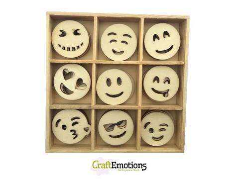 CraftEmotions Laser Cut Holzornament Emoji / Smiley 45 St. - Kasten 10,5 x 10,5 cm 