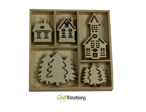CraftEmotions Laser Cut Holzornament Winter / Weihnacht 25 St. - Kasten 10,5 x 10,5 cm 