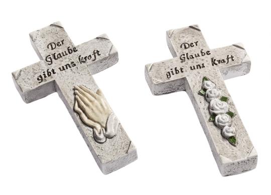 Dekofigur CREApop Kreuz mit Blumen ca. 7 cm, "Der Glaube gibt uns Kraft" 