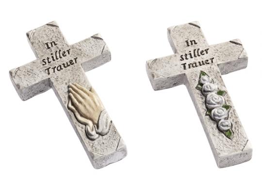Dekofigur CREApop Kreuz mit betenden Händen ca. 7 cm "In stiller Trauer" 