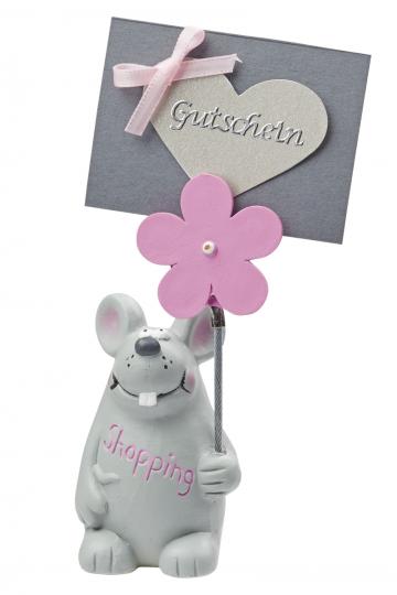 Dekofigur Maus mit Blumenclip "Shopping", 9 x 4 cm 