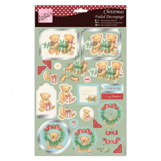 Docrafts 3D-Stanzbogen mit Silberfolie - Anita's - Weihnachts Teddys 