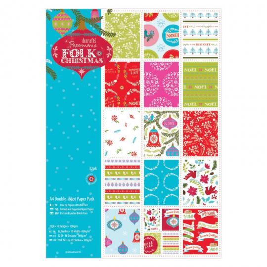 Docrafts Papermania A4 Leinenstruktur Doppelseitig Bedruckt (32 Blatt) - Folk Christmas 160g 
