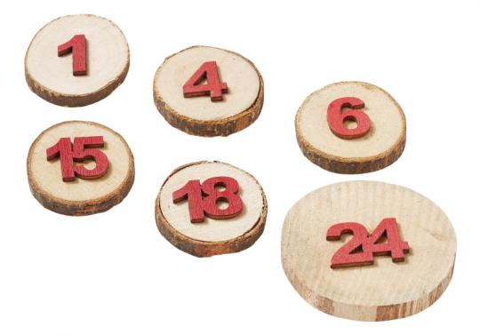 HobbyFun Adventskalenderzahlen 1-24 Holzscheiben mit Klebepunkt, Zahlen rot 