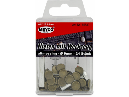 Nieten mit Werkzeug - altmessing, Ø 9mm, 24 Stück 