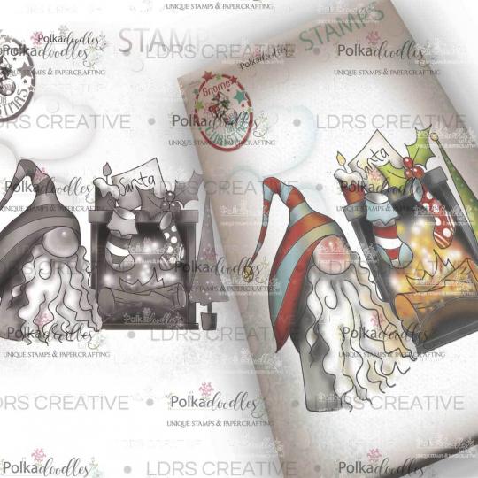 Polkadoodles Stempel Gummi „Gnome wartet auf Weihnachten“, grau, 92 x 114mm, 1-teilig 