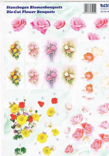 Reddycards 3D Stanzbogen Blumenbouquets, bunter Strauß und Rosen 