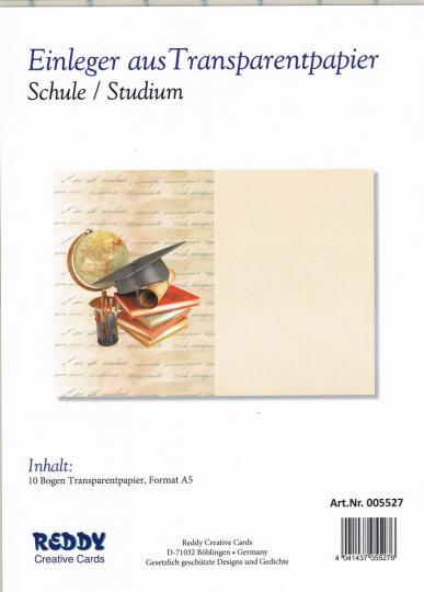 Reddycards Einleger Transparentpapier - Schule / Studium - 10 Blatt DIN A5 