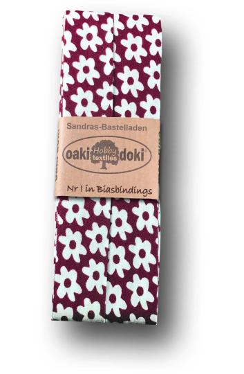 Schrägband / Einfassband Baumwolle gefalzt 3m x 20mm - Blumen Muster 3014-Dunkelrot-Weiß 3014-Dunkelrot-Weiß