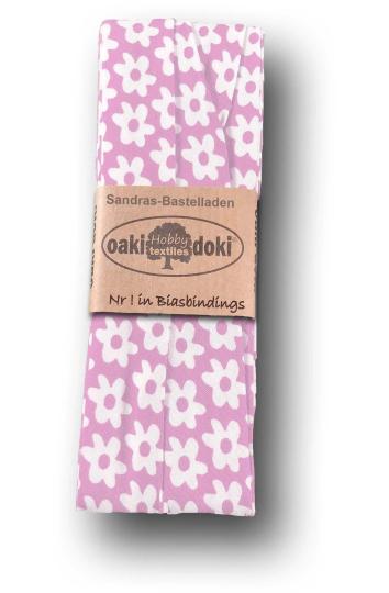 Schrägband / Einfassband Baumwolle gefalzt 3m x 20mm - Blumen Muster 3016-Rosa-Weiß 3016-Rosa-Weiß