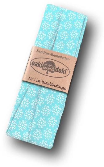 Schrägband / Einfassband Baumwolle gefalzt 3m x 20mm - Gänseblümchen Muster 4005-Türkis-Weiß 4005-Türkis-Weiß