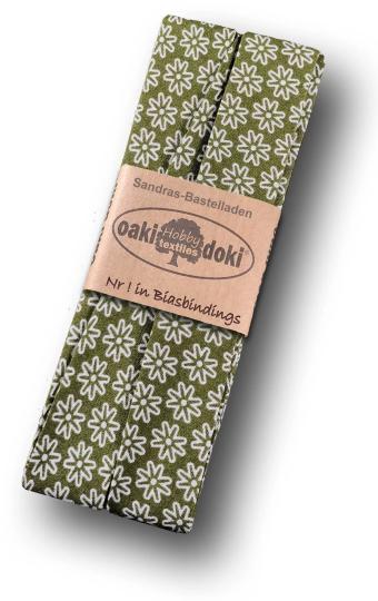Schrägband / Einfassband Baumwolle gefalzt 3m x 20mm - Gänseblümchen Muster 4008-Grün-Weiß 4008-Grün-Weiß