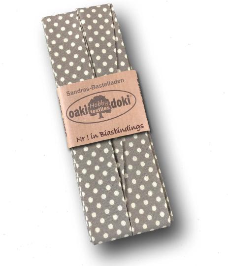 Schrägband / Einfassband Baumwolle gefalzt 3m x 20mm - Punkte Muster 1002-Grau-Weiß 1002-Grau-Weiß