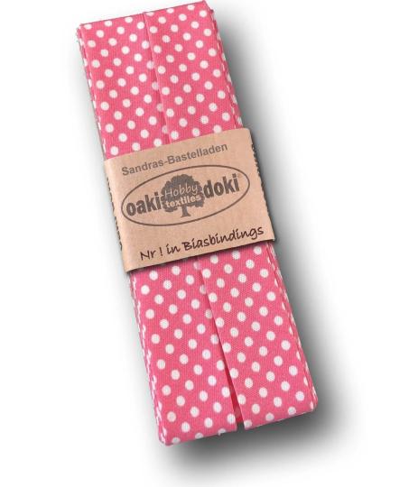 Schrägband / Einfassband Baumwolle gefalzt 3m x 20mm - Punkte Muster 1016-Rosa-Weiß 1016-Rosa-Weiß