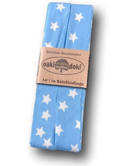 Schrägband / Einfassband Baumwolle gefalzt 3m x 20mm - Sternen Muster 2006-Hellblau-Weiß 2006-Hellblau-Weiß