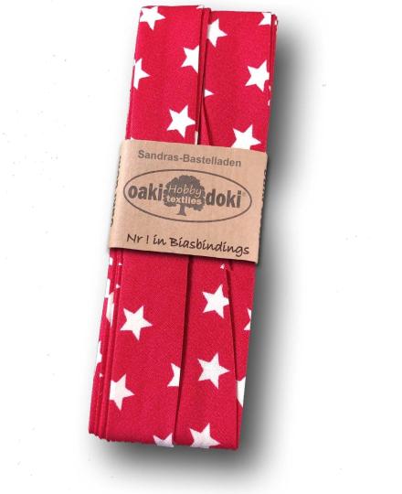 Schrägband / Einfassband Baumwolle gefalzt 3m x 20mm - Sternen Muster 2010-Rot-Weiß 2010-Rot-Weiß