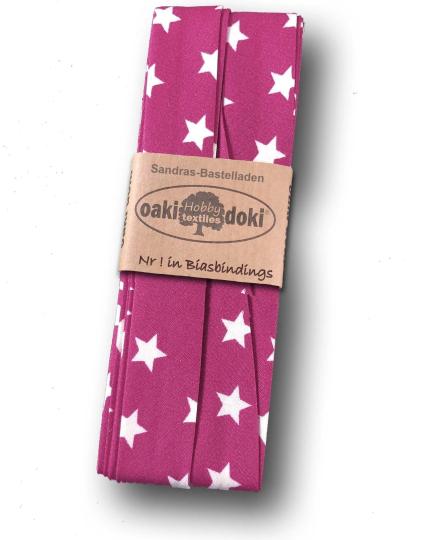 Schrägband / Einfassband Baumwolle gefalzt 3m x 20mm - Sternen Muster 2015-Pink-Weiß 2015-Pink-Weiß