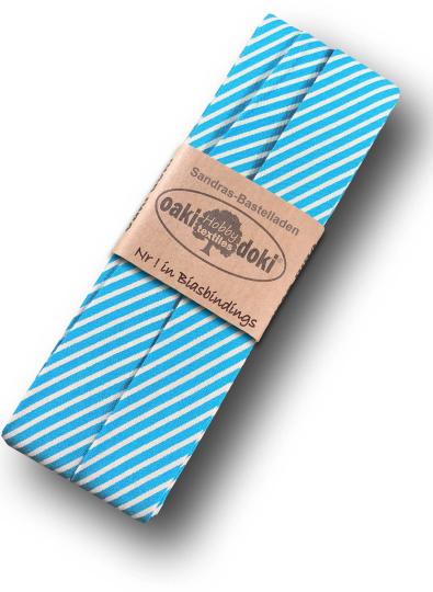 Schrägband / Einfassband Baumwolle gefalzt 3m x 20mm - Streifen Muster 6005-Türkis-Weiß 6005-Türkis-Weiß