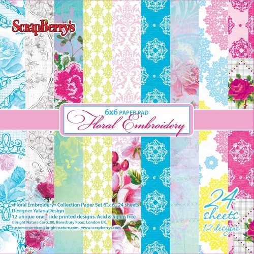 ScrapBerry's Paper Collection - 15,2 x 15,2cm - Floral Embroidery - 24 Blatt - 170g 