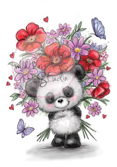 Wild Rose Studios A7 Clear Stempel Set Panda with Flowers 