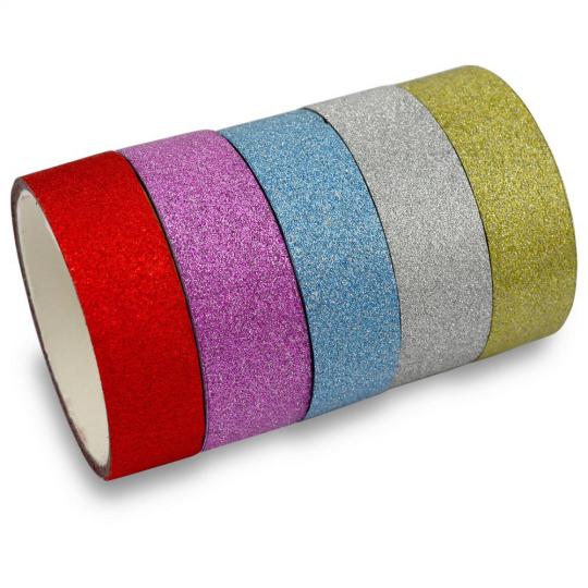 Glitter Washi-Tape Klebeband 5 Rollen je 1,5cm x 3m - Gold, Silber, Blau, Rot 
